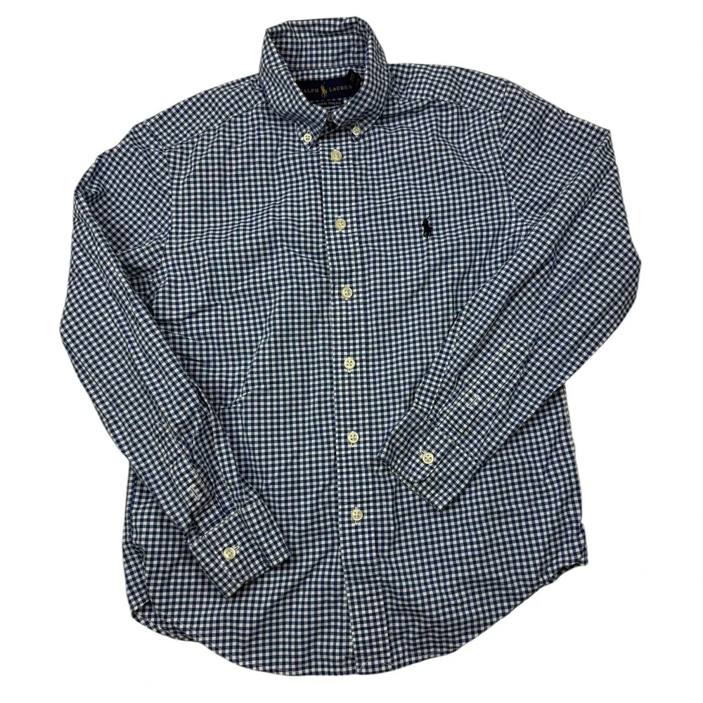 Kids Ralph Lauren Gingham Button Down Shirt Long Sleeve Blue White Size Medium‎